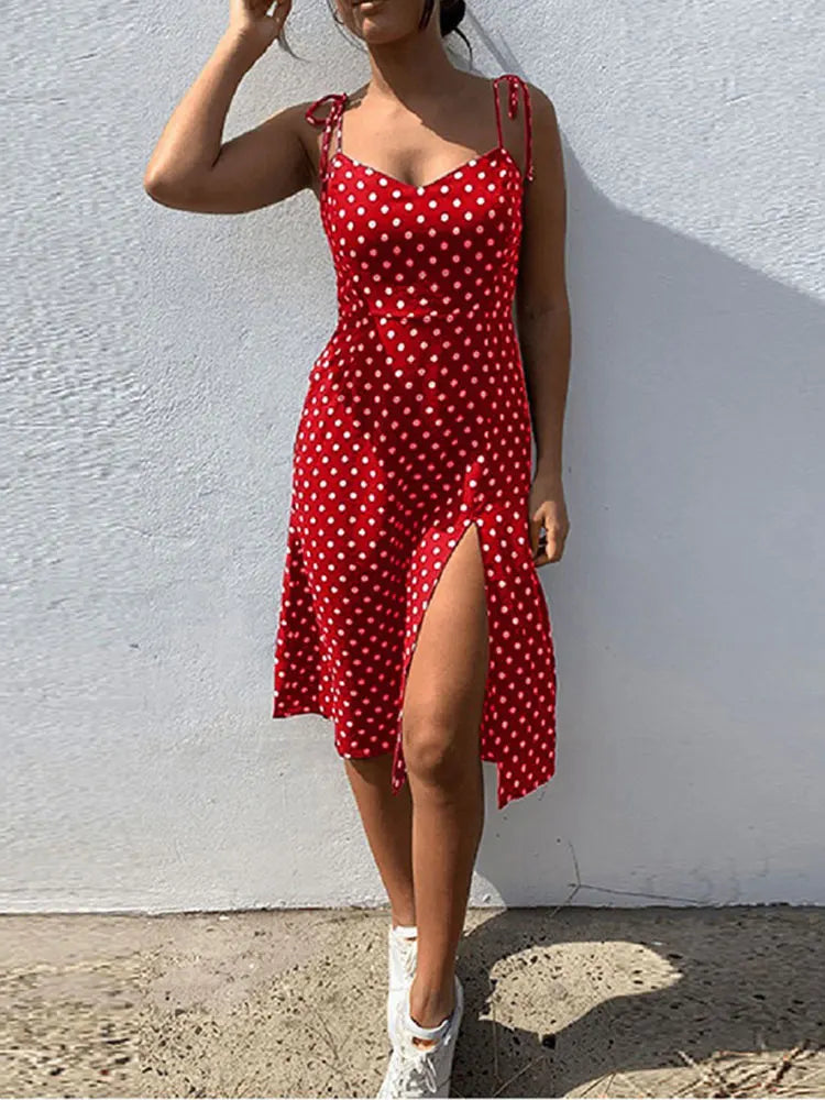 Dresses Sundress Summer Women Causal Polka Dot Sleeveless High Pleated elastic waist V-Neck Beach Dress