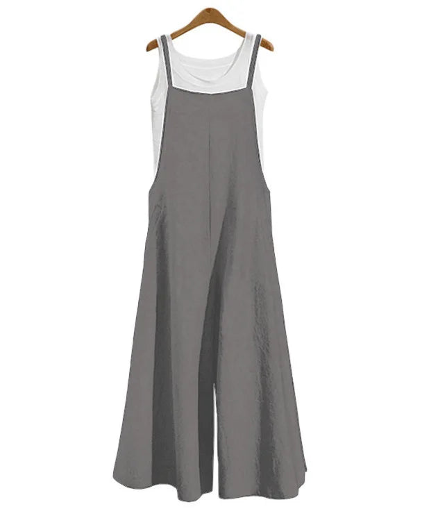 Women's Straps Jumpsuit Summer Solid Color Wide Leg Pants Dungaree Bib Overalls Casual Loose Sleeveless Cotton Linen Jumpsuits