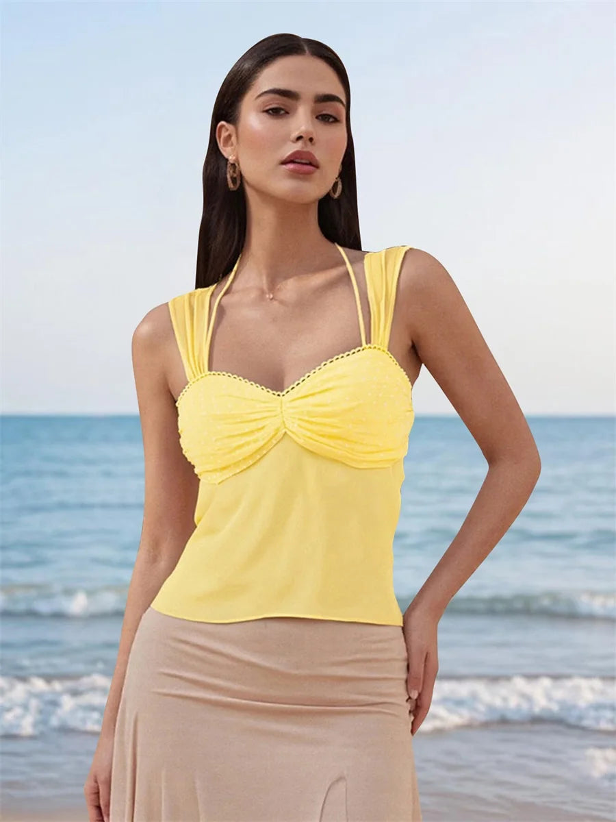 Women s  Mesh Sleeveless Halter Neck  Fit Tank Top with Tie Back Detail - Stylish Summer Shirt for Women