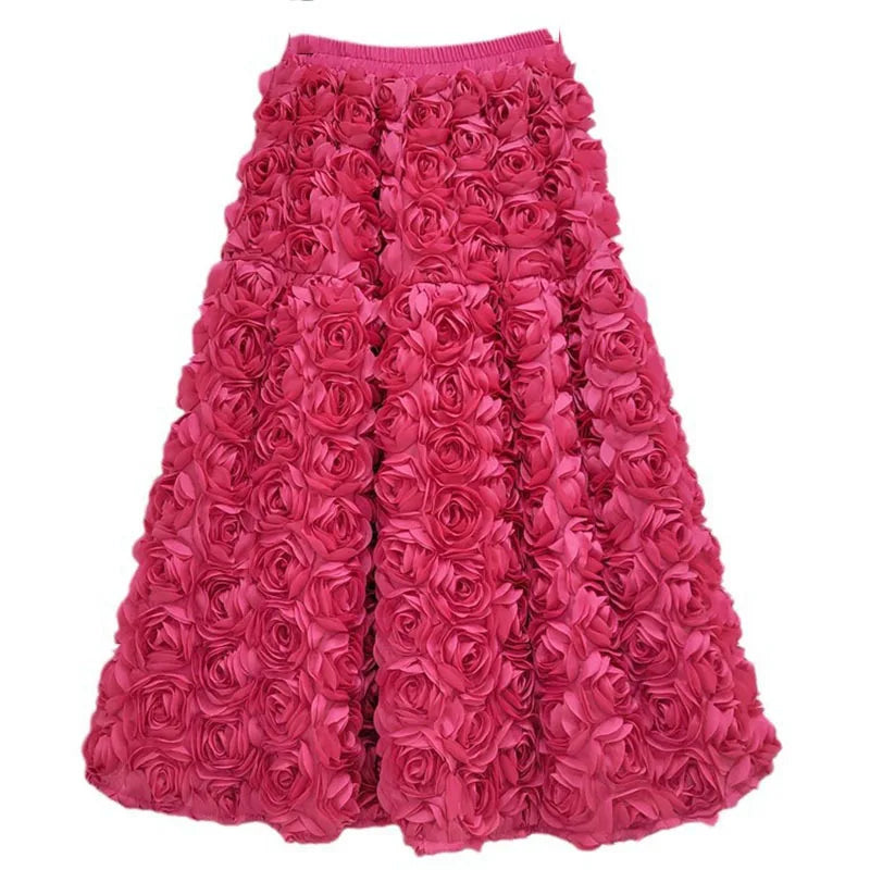 Three Dimensional Flower Mid-calf  High Waist Big Swing  A-line Skirt