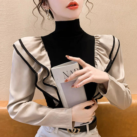 Stylish Turtleneck Spliced Folds Ruffles Blouse