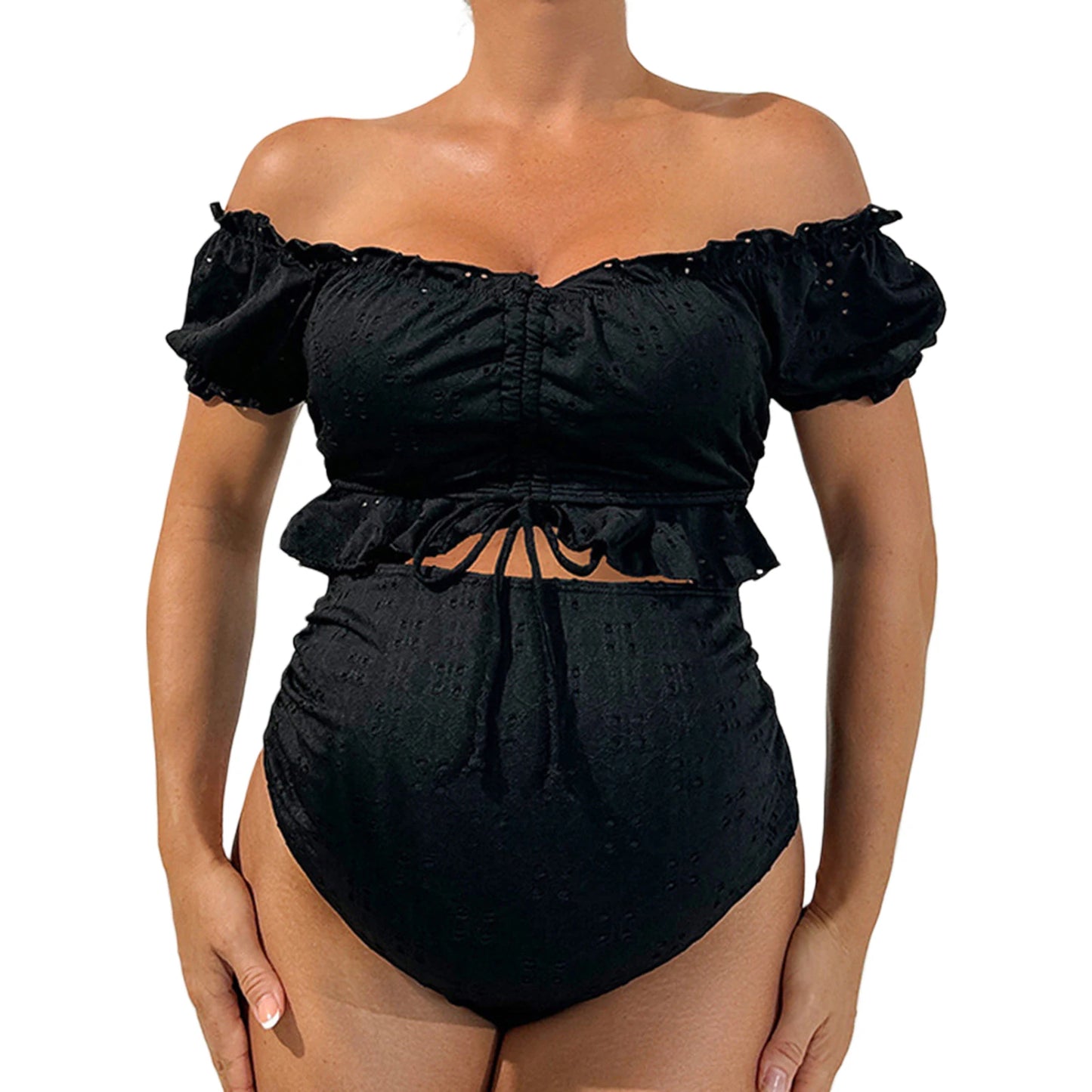 Tankini Swimsuit High Waisted 2 Pieces Bikini Set Pregnancy Bathing Suit Solid Color Off Shoulder Tops Shorts