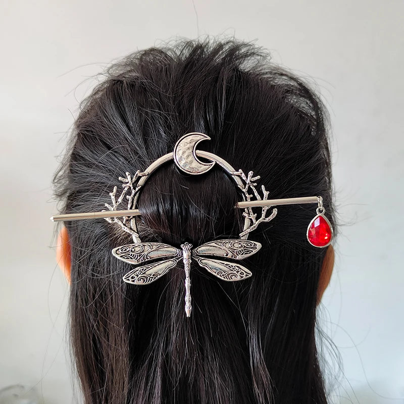 Woodland Goddess Crescent Moon Dragonfly Hair stick Fairy Moon Dragonfly Insect Hair Barrette Hairclip For women
