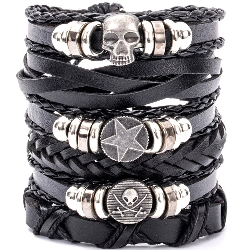1 Fashion Bracelet Viking Bracelet For Men Hand Bracelets Woven Skull Hand Jewelry Adjustable Leather Set Bracelet