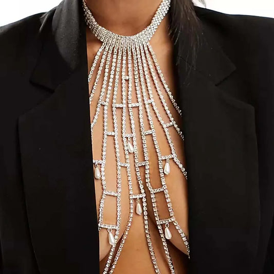 Pearl Mesh Chest Chain Jewelry Design Rhinestone  Lingerie Nightwear