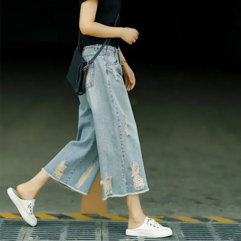 Capri Jeans Woman Ripped Jean Summer Clothes Baggy Capri Pants Wide Leg Denim High Waist Loose