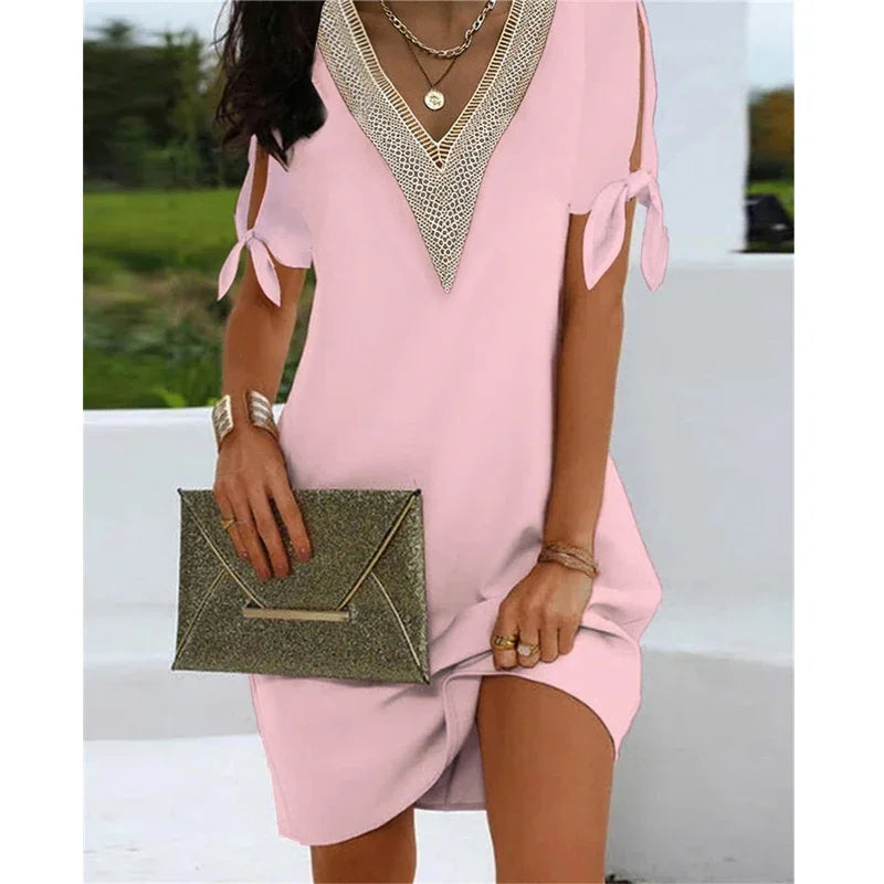 Summer Women Solid Color V-neck Dress Fashion Craft Cuff Split Bow Casual Loose Mini Party Dresses Holiday Street Wear