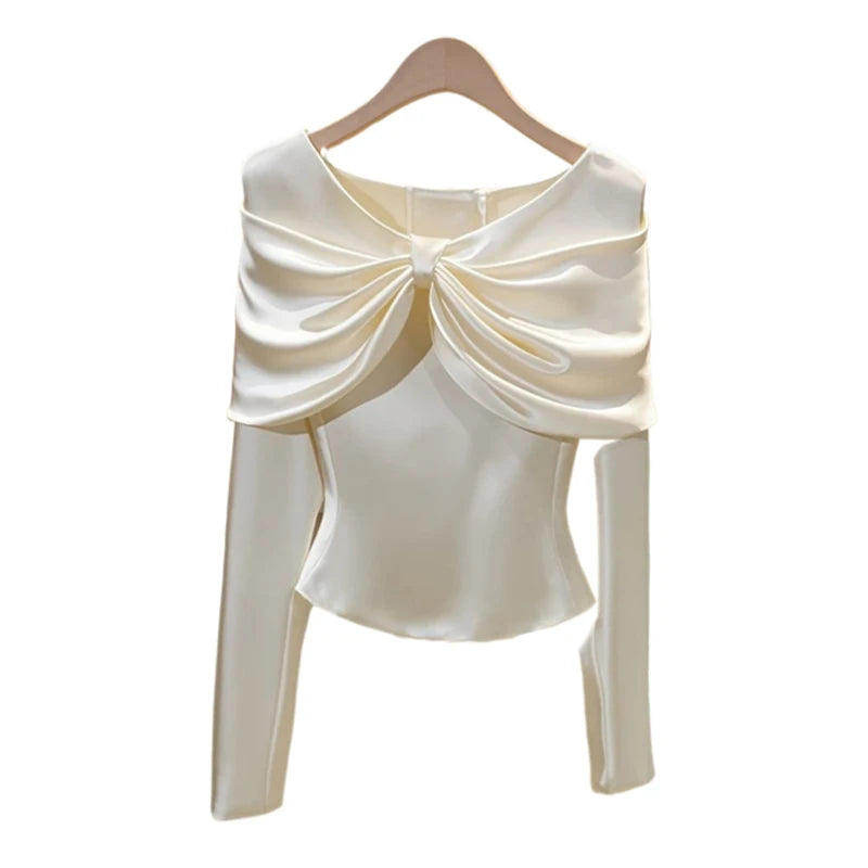 Elegant Ruffled Ruched Slim Waist Top  Long Sleeve Casual
