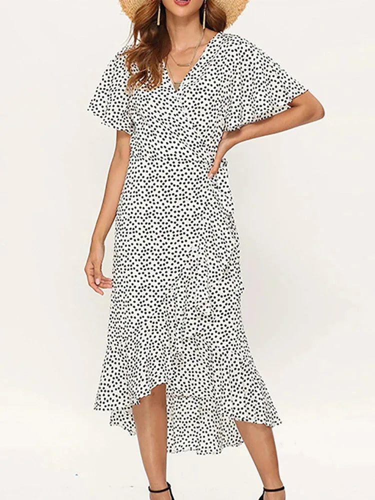Summer Beach Maxi Dress Women's Floral Print Boho Long Chiffon Dress Ruffles Wrap Casual V-Neck Split Sexy Party Dress