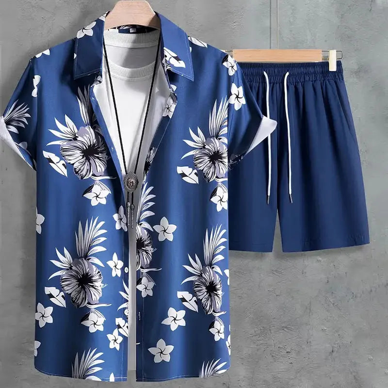 Fun 3D Flower Pattern Men's Hawaiian Shirt Sets Summer Short Sleeve Tops Beach Shorts 2 Piece Casual Vacation Outfit Clothing