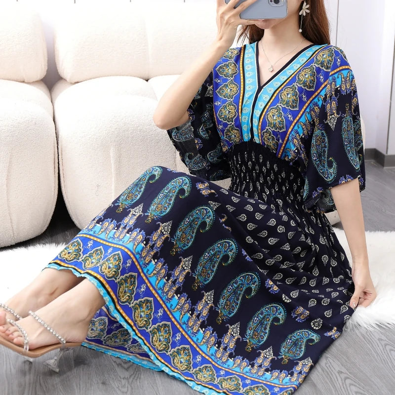 Colorful Flower V-neck Elastic Youthful Bohemian Sweet Midi Dress Woman Clothes Chic Fashion Summer Dresses