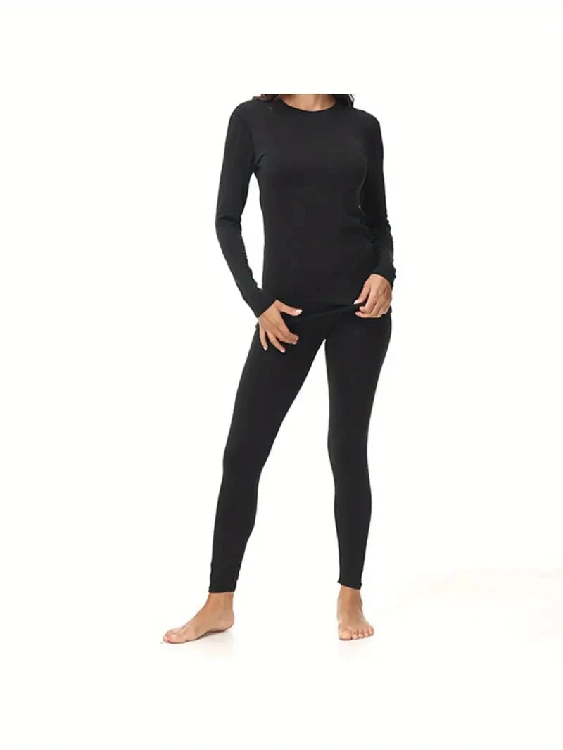 Round neck women's thermal underwear with fleece thermal underwear 2-piece se