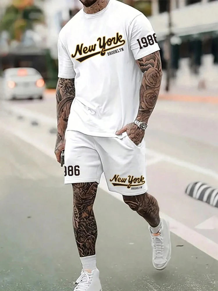 Summer 3D print men's round neck short-sleeved T-shirt shorts suit 2-piece high-quality casual street cool sports suit