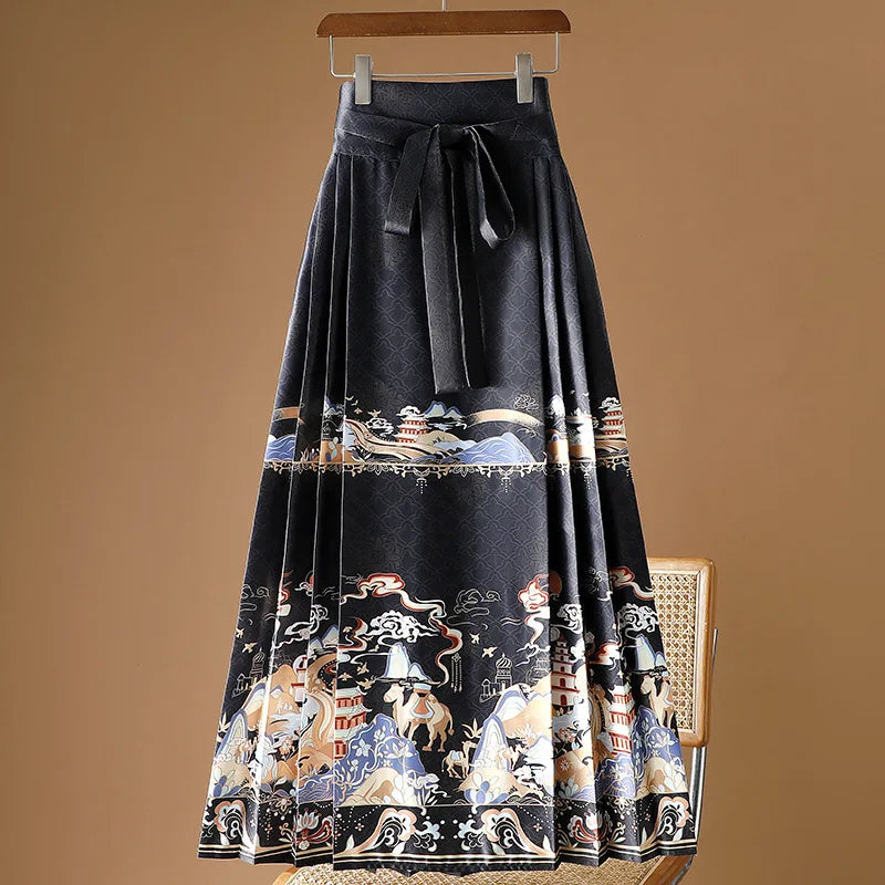 Vintage Maxi Chinese Style Horse Face Skirts  Pleated