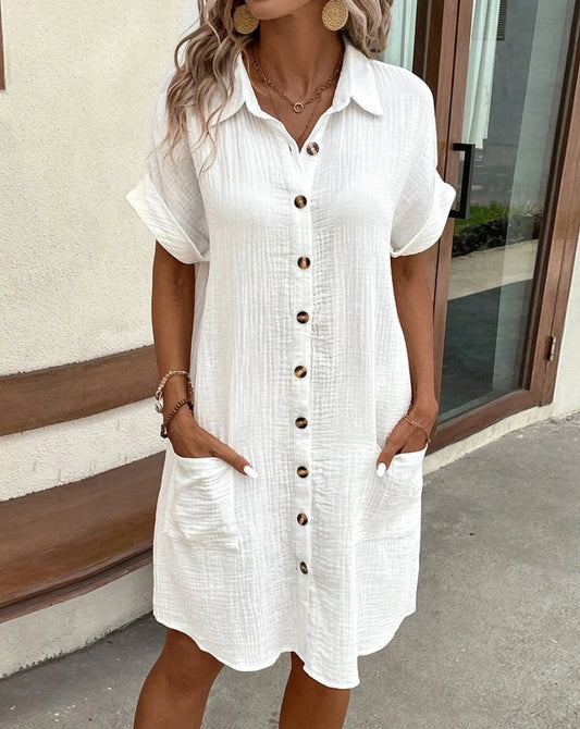 Vintage Women Solid Mini Dress Summer Fashion V-neck Short Sleeve Cotton Linen Dress Ladies Casual
