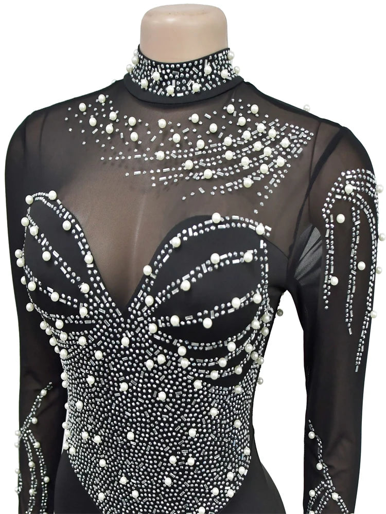 Beypern Women's Sheer Mesh Crystal Jumpsuits One Piece Outfits Glam Fitted Long Sleeve Pearls Rhinestone Rompers Club