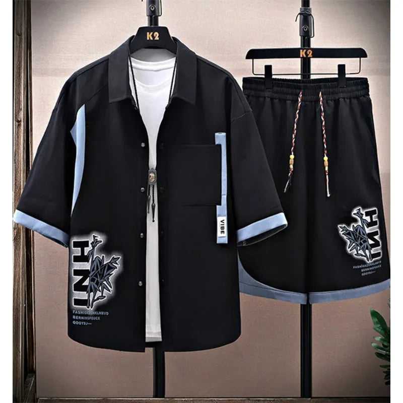 Casual Sets Male Shorts and Shirts Men Shirts + Shorts Summer Elastic Waist Sportswear Men's Printing Pattern Men's Fashion