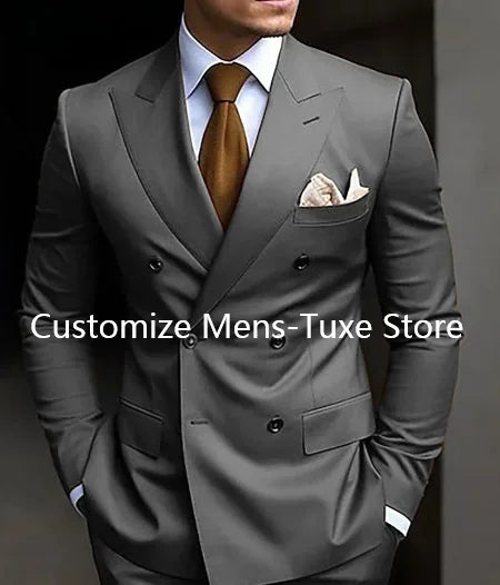 High Quality Men's Suits Double Breasted Bespoke Double Breasted Peaked Lapel Formal Blazer Slim Fit 2 Piece Jacket Pants