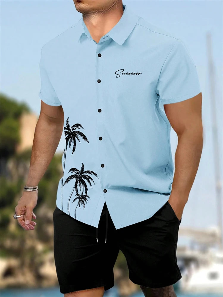Summer  Men's Short Sleeve Shirt and Shorts 2 Piece Set Fashion Coconut Tree Print Lapel Shirt Beach Drawstring Shorts Set