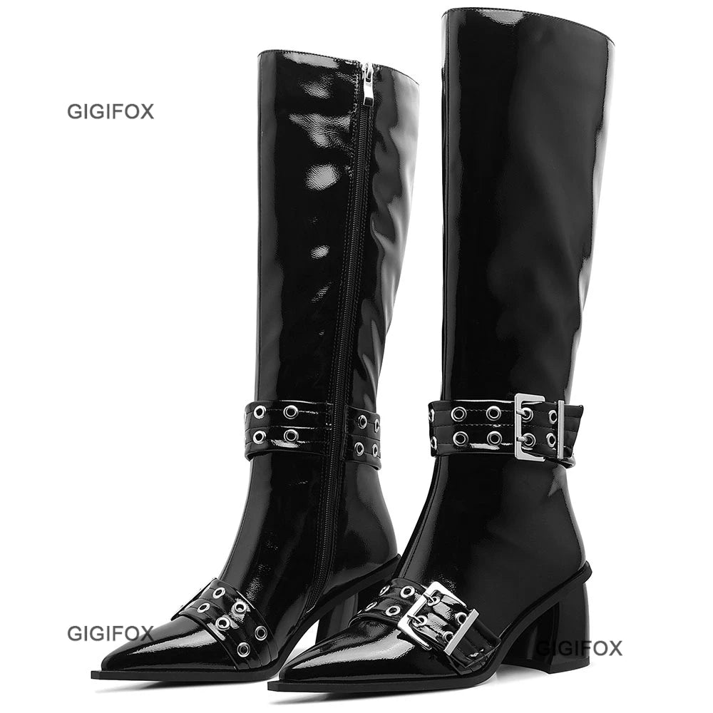 Pointed Toe Women Zipper Knee-high Boots Chunky High Heel Patent Leather Metal Buckle Shoes