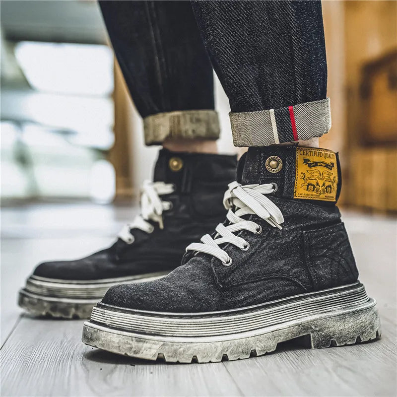 Retro Blue Denim Boots Men Lace-up Platform Men's Tooling Boots Western Basic Boots Men High Top Working Shoe Men Outdoor Boots