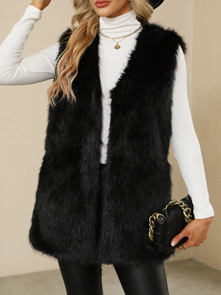 Sleeveless Vest Button-Up Faux Fur Jacket with Solid Color Design for Warmth and Style
