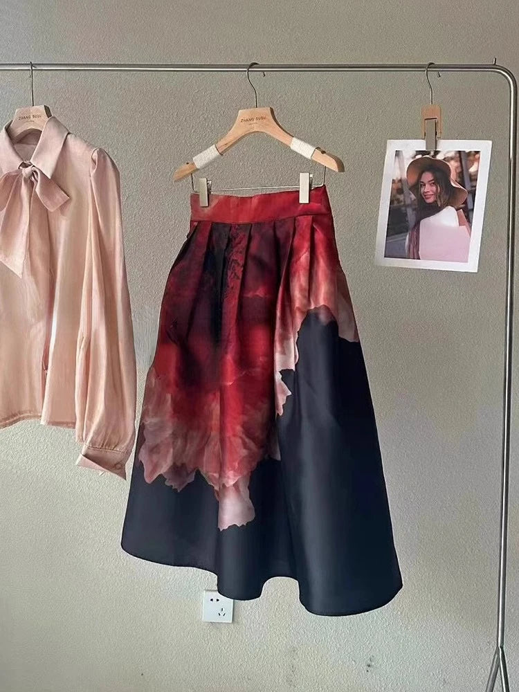 Vintage Skirt Big Swing Jupe High Waist A-line Pleated Long Skirts