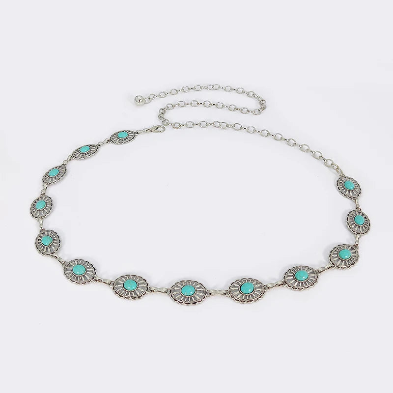 Fashion Silver Bohemian female circular waist chain luxury turquoise gemstone Ellipse chain belts for women