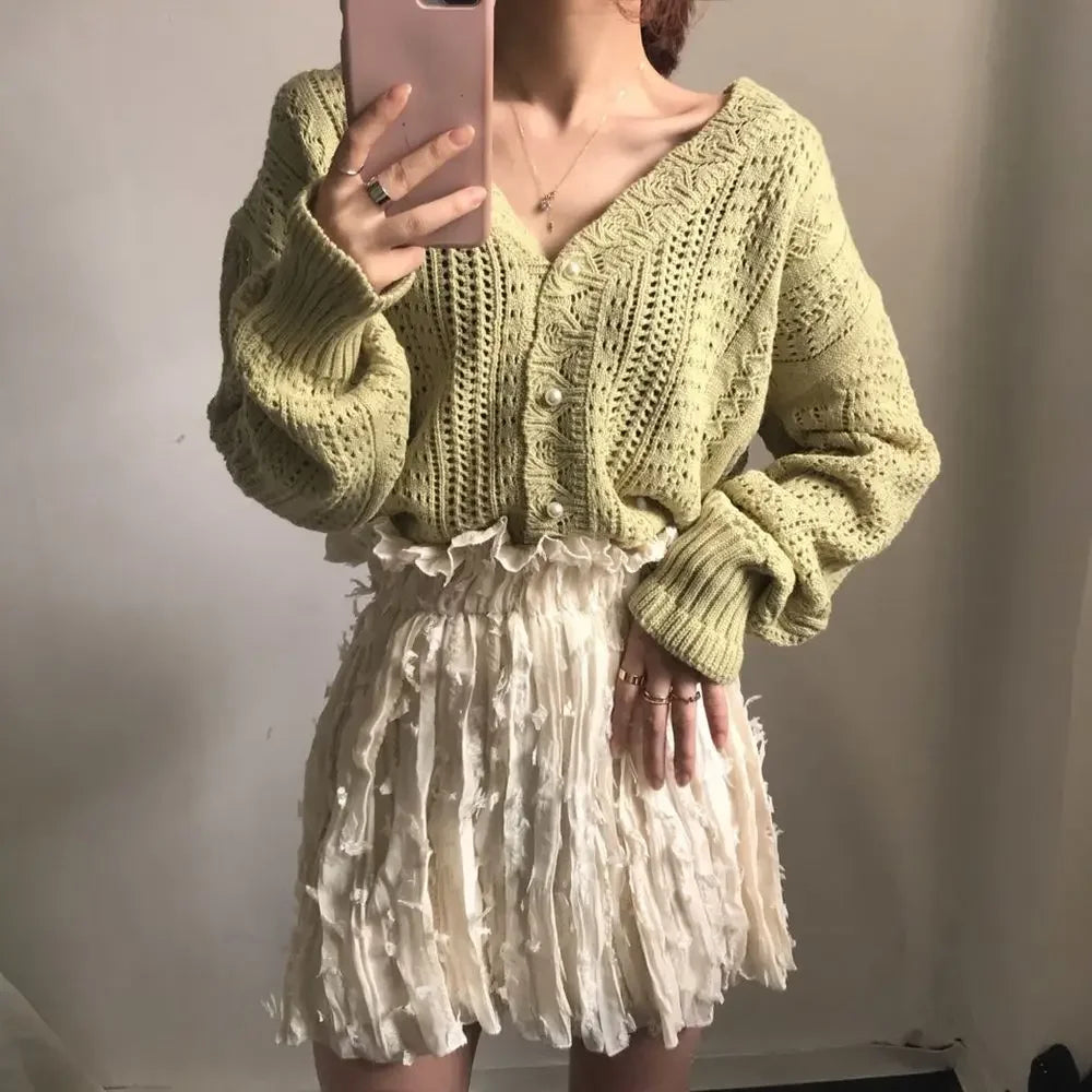 Women Spring Summer Sweater and Cardigans Low V-Neck Knit Tops Long Sleeve Hollow Out Sexy Cardigan Loose