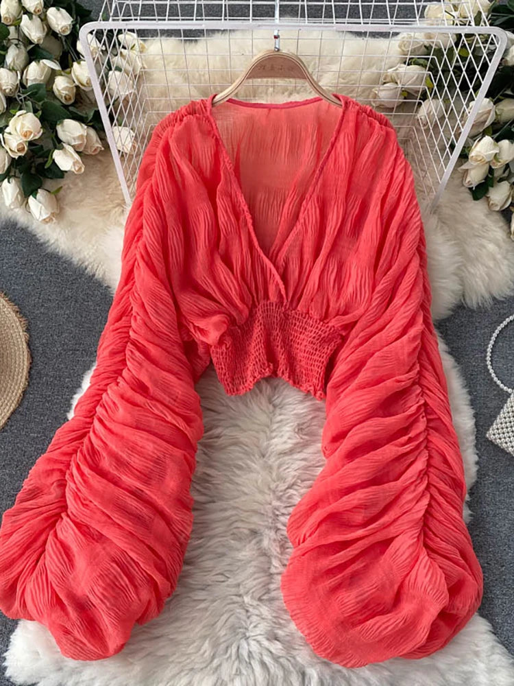 Summer Sexy Draped Chiffon Blouse For Women Elegant V-Neck Puff Long Sleeve Short Tops