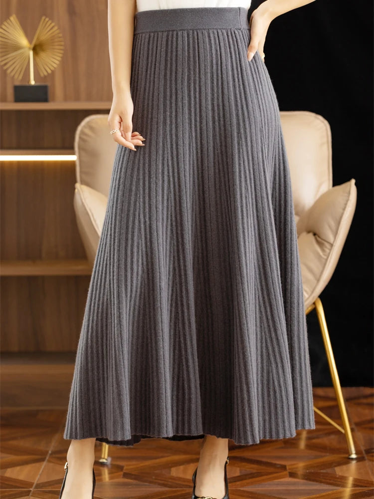 Wool Long Pleated Skirt 100% Merino Wool Knitwear