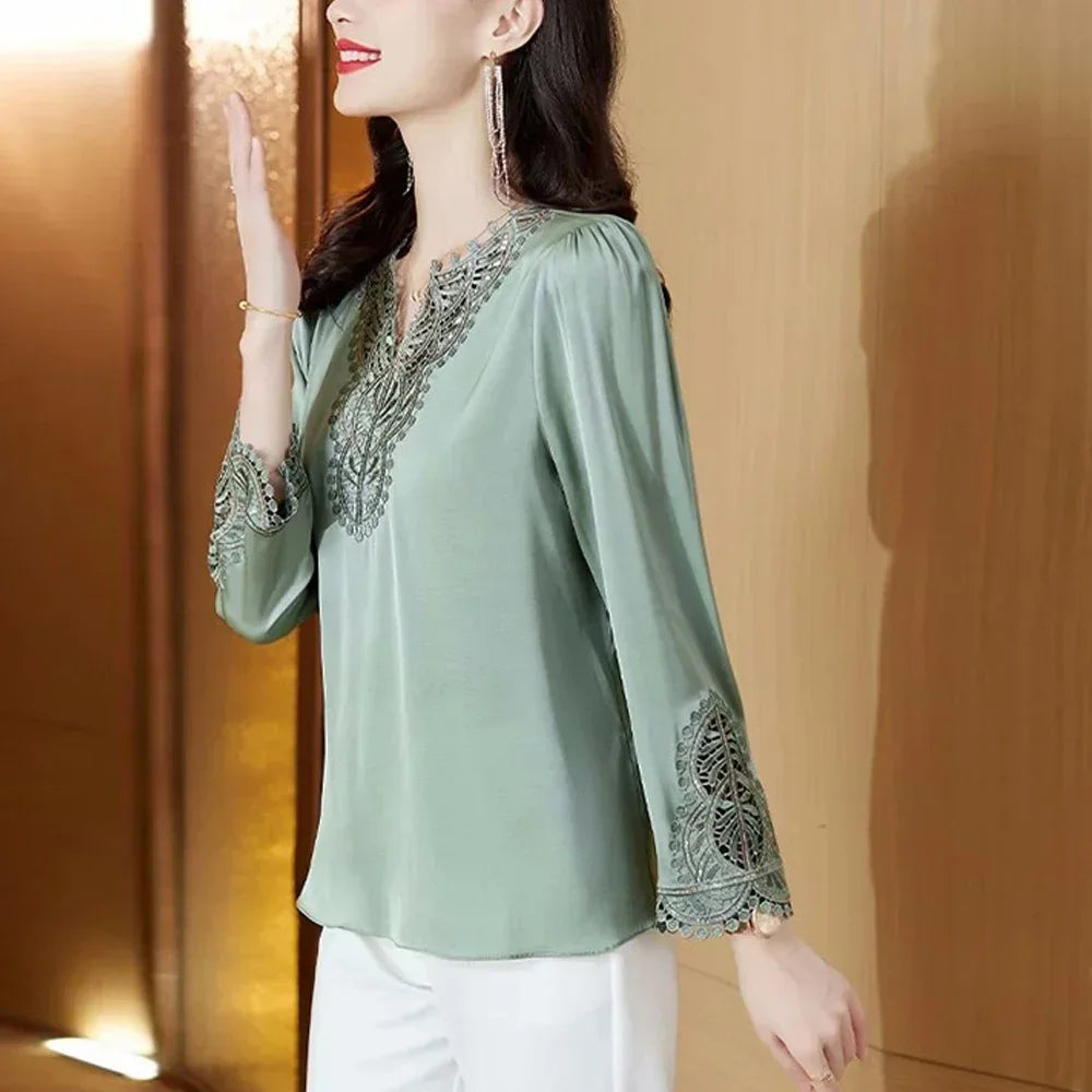 Silk Blouse Long Sleeve Embroidery Shirts