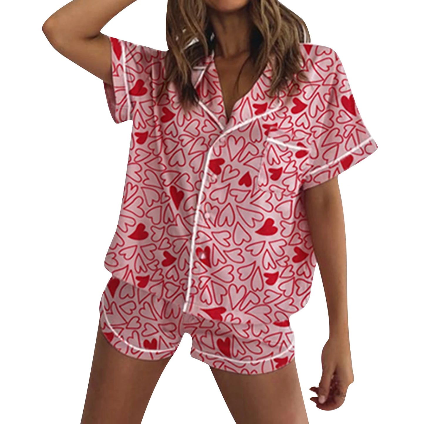 Valentine s Day Silk Pajamas Set with Lace Trim Short Sleeve Heart Floral Print Shirt and Shorts