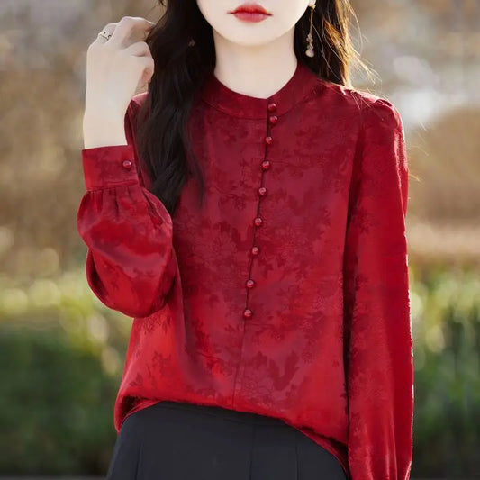 Stand-up Collar Long-sleeved Top Retro All-match Chic Shirt