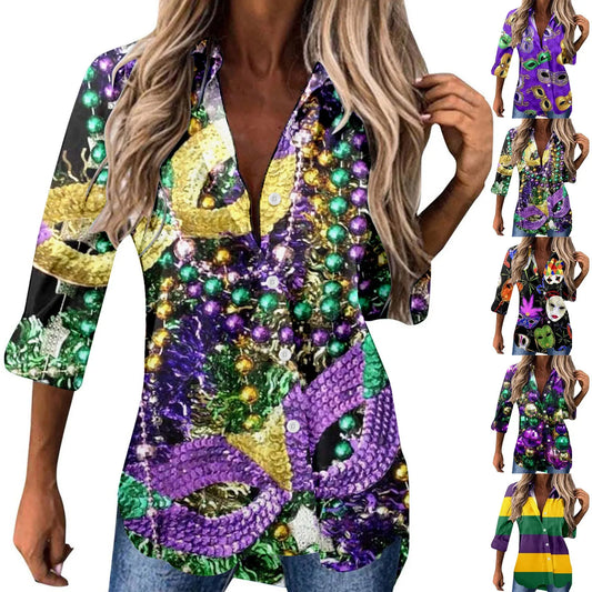 Mardi Gras Women V Neck Shirts Button Long Sleeve Carnival Print Tops Female Blouses Loose