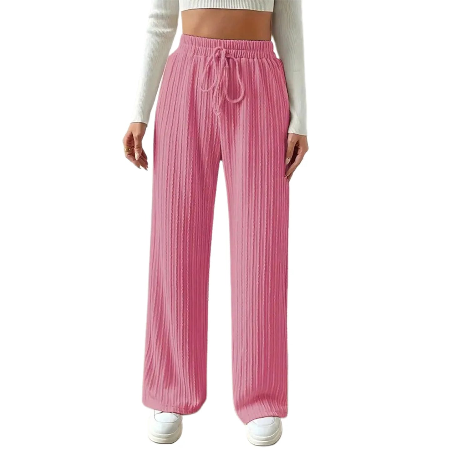 Elegant Ribbed Knit Palazzo Pants with Chic Drawstring High Waistband Comfy Wide Leg Trousers for Women s Casual Wear