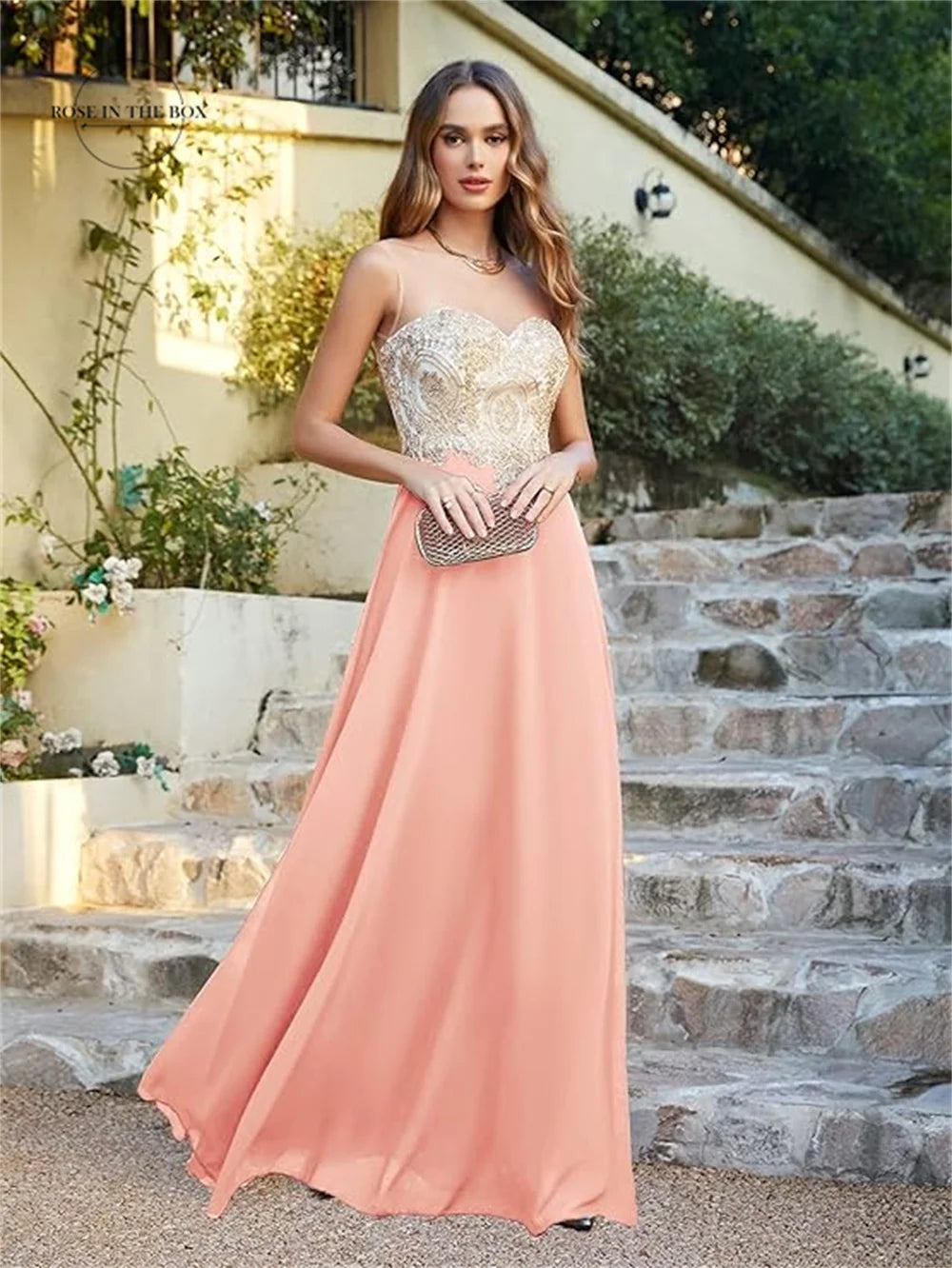 Elegant Gold Appliques Long Dress Women Illusion Neck A Line Chiffon Prom Evening Party Gowns Maxi Gala Dress