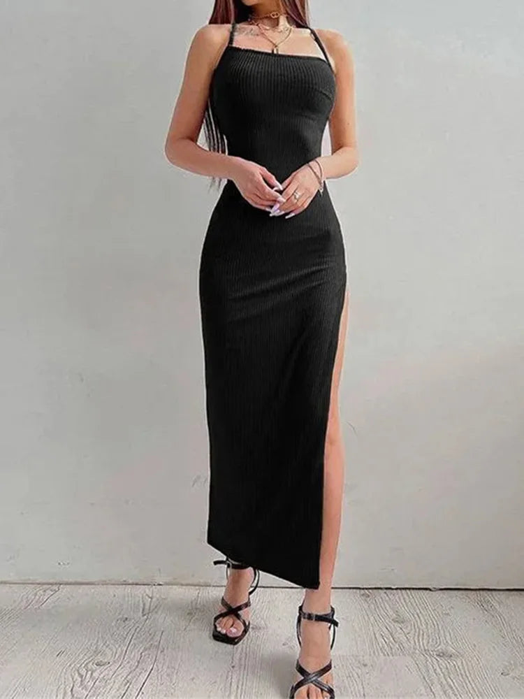 Sexy Black Long Bodycon Dress Women Summer Sleeveless Backless Halter Neck Spaghetti Strap Dresses High Split