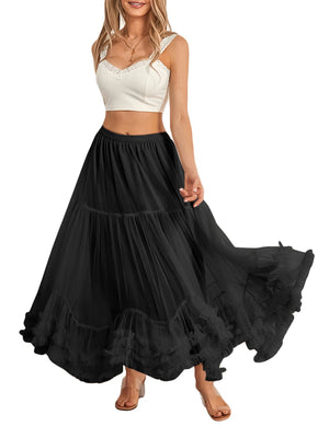 Women’s Tulle Long Skirts Elastic High Waist Ruffle Hem Fluffy A-line Midi Skirts