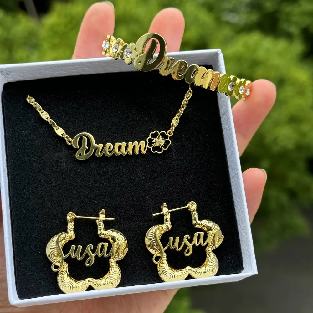 Custom Name Floral Set Birthstone Nameplate Necklace Zircon Bangles Flower Customized Letter Hoop Earrings