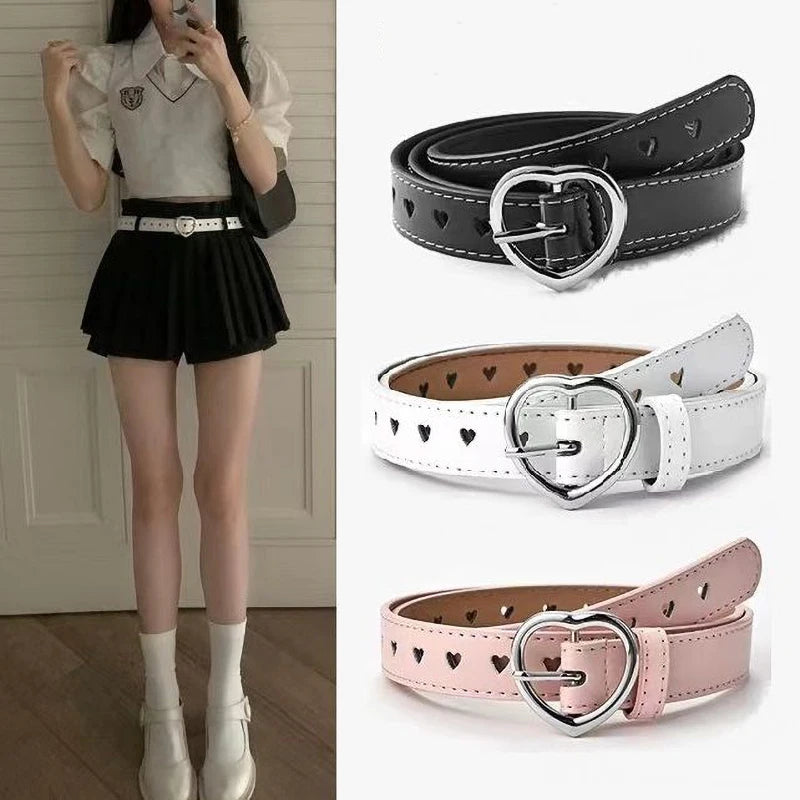 Fashion Europe and the United States full hole belt female trend double row cool belt Heart Shaped Buckle