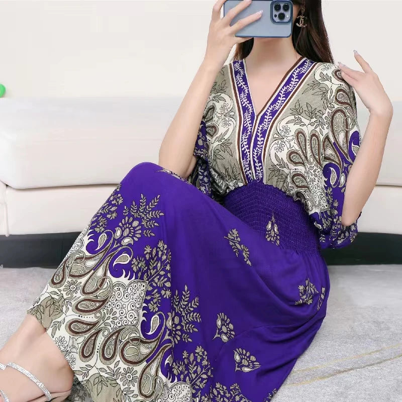 Colorful Flower V-neck Elastic Youthful Bohemian Sweet Midi Dress Woman Clothes Chic Fashion Summer Dresses