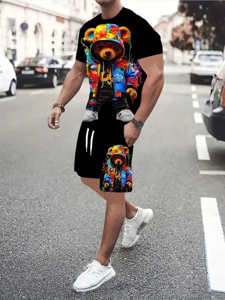 Hip Hop Style Personality Cartoon 3D Printed Men's Round Neck Short Sleeve 2 piece Fashionable Street Sports All-match Men's Suit