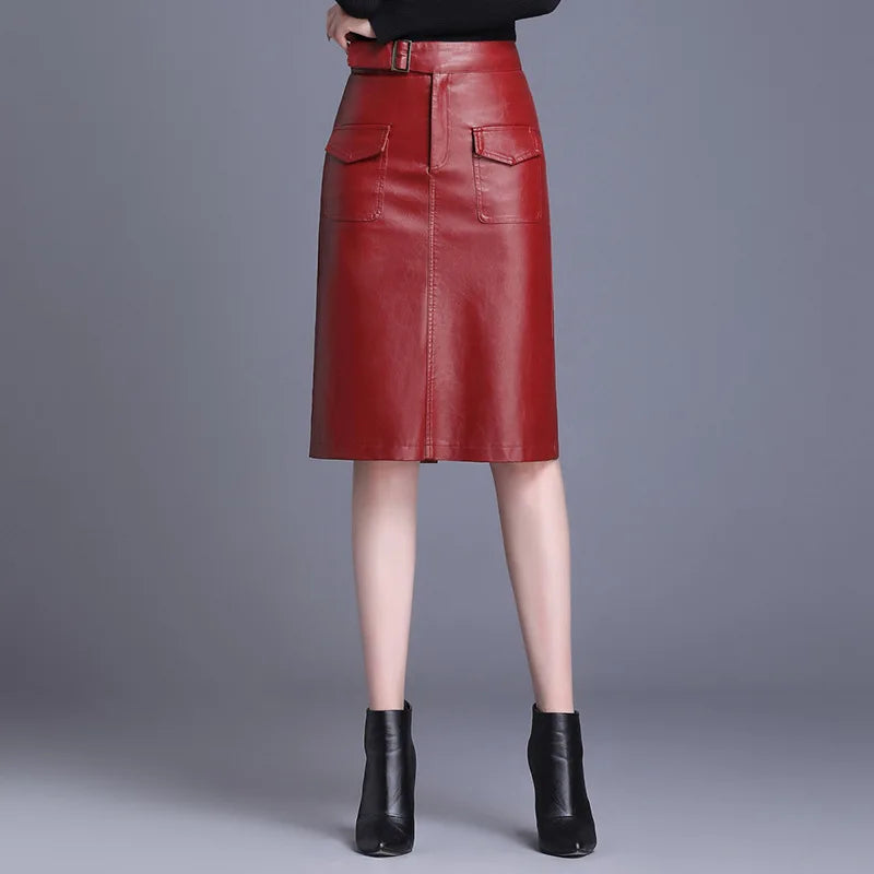 Knee Length  Leather Skirt