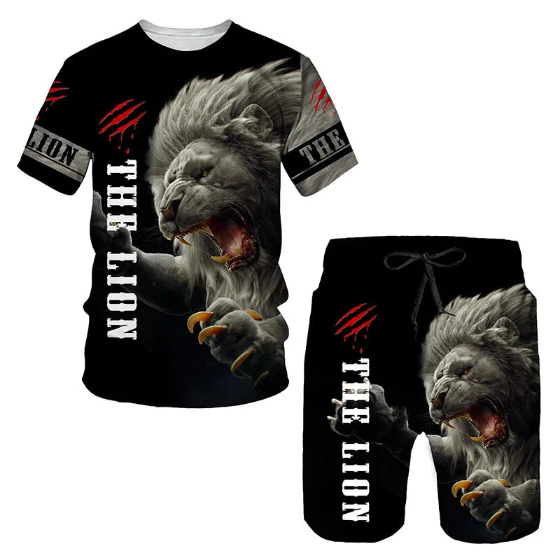 Ferocious Lion Summer Tracksuit Set 3D Printed Casual Men's T-shirt Shorts Male Sportswear Short Sleeve 2 Pieces Clothing Outfit