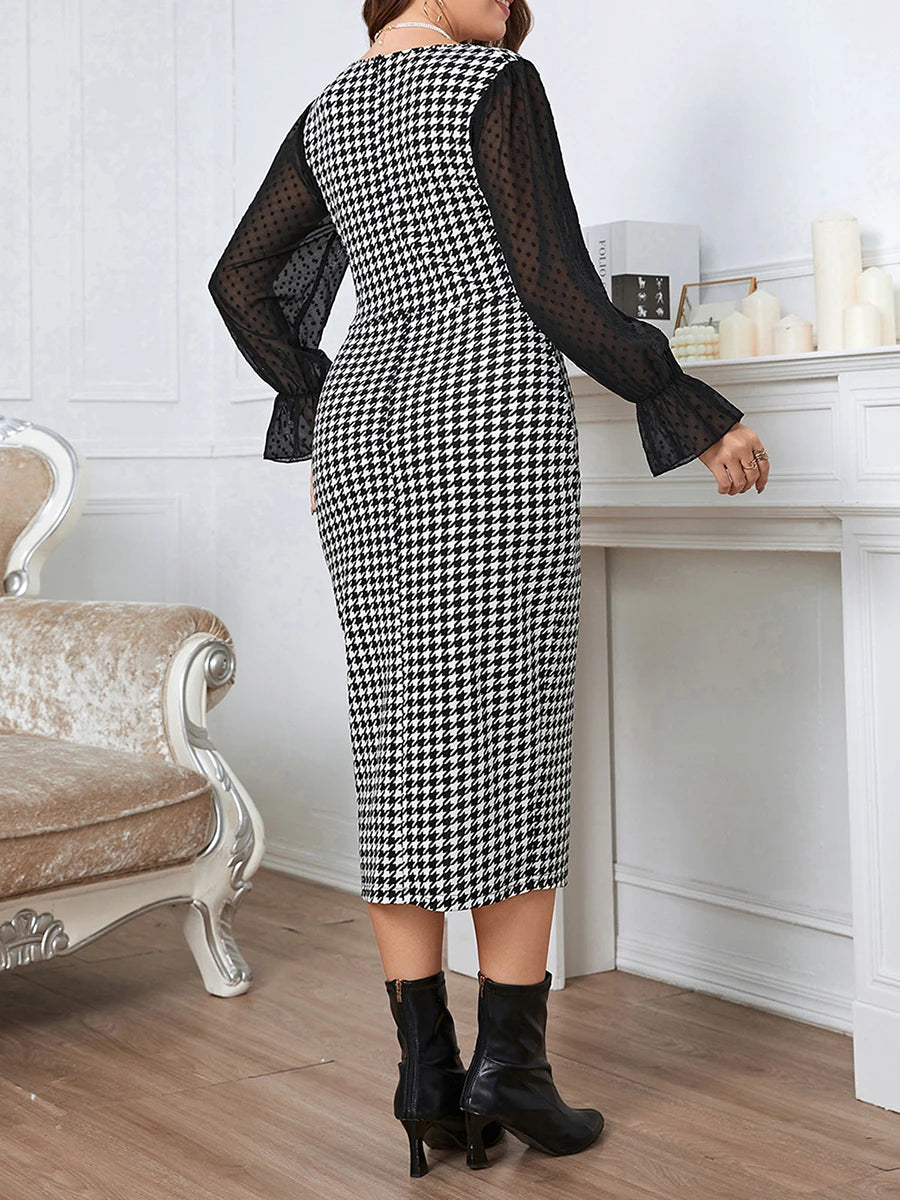 Checkered Print Maxi Dress Long Sleeve V Neck Empire Waist