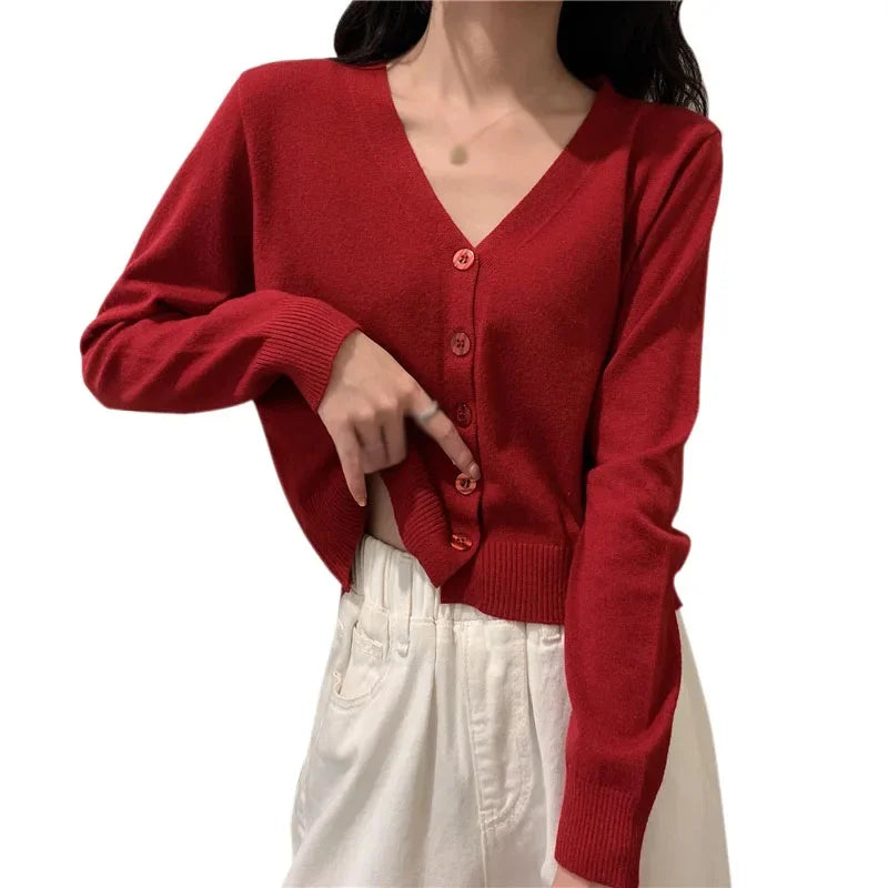 Women's Long Sleeve Cropped Cardigan V Neck Button Down Knit Single-breasted Cardigan Sweaters