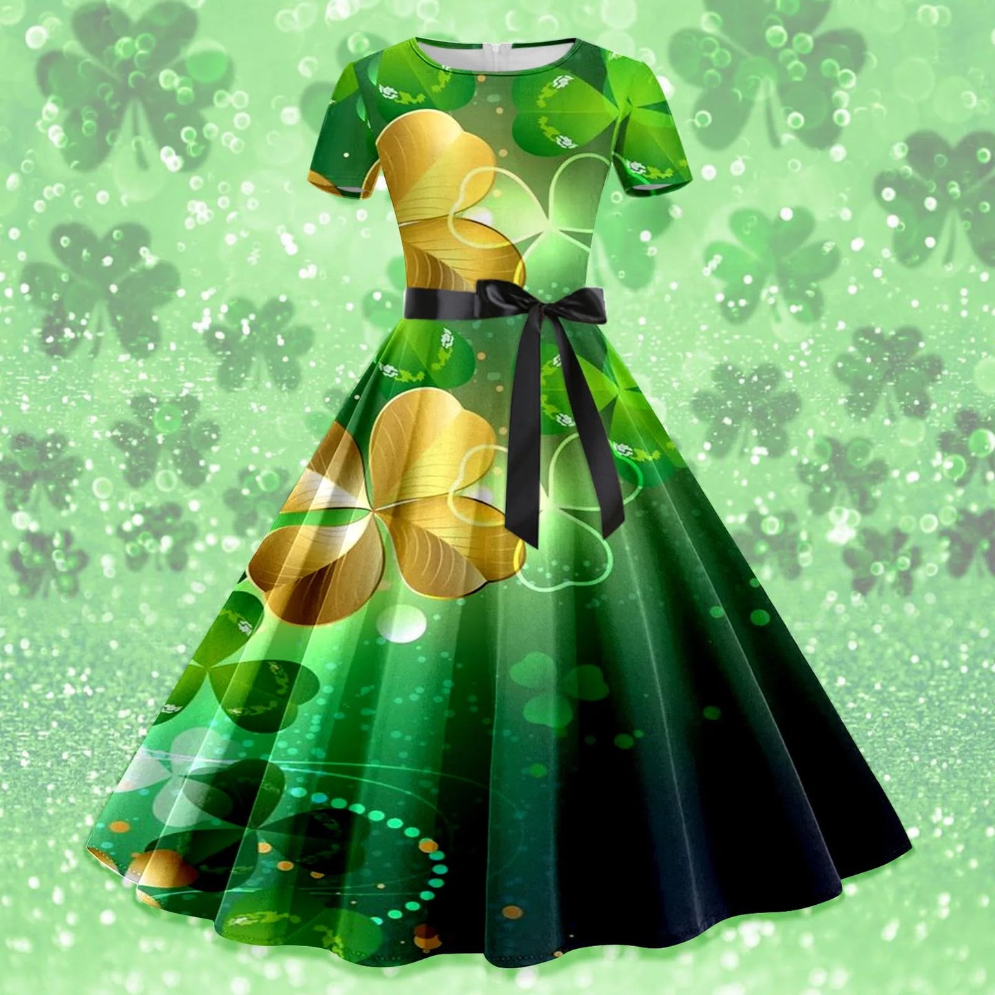 Shamrock Print Women St. Patrick's Day Dress Large Swing Short Sleeve A Line  Dress