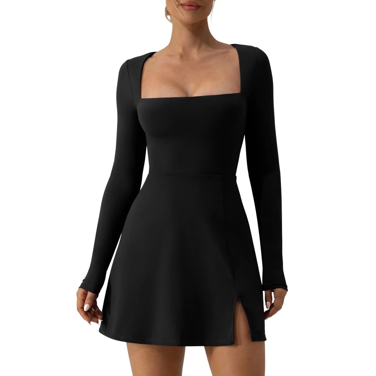 Short Dress Solid Color Long Sleeve Square Neck Split Hem Party Dress