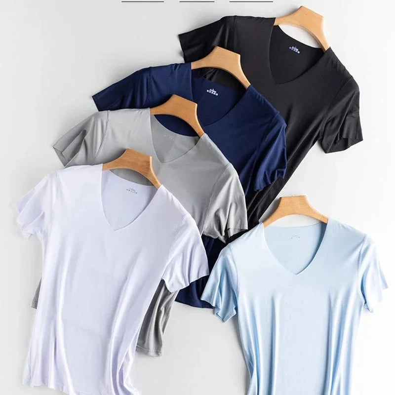 Men's Women's Sports Ice Silk Seamless Short Sleeves Gym Running Fitness Cycling T-Shirt Breathable Fit Solid Color V-neck